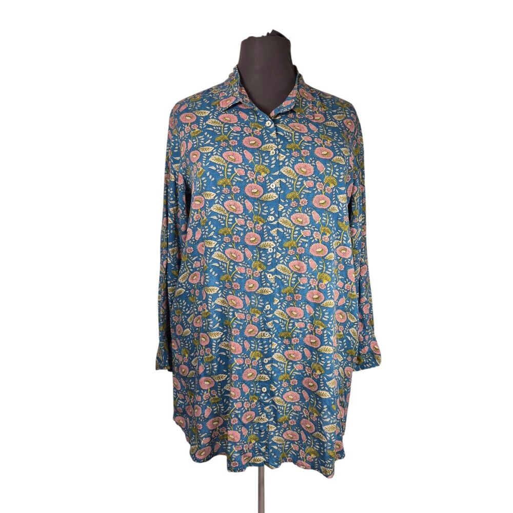Natural Life Womens Sz XL Georgia Tunic Shirt Dress Floral Button Up Long Sleeve